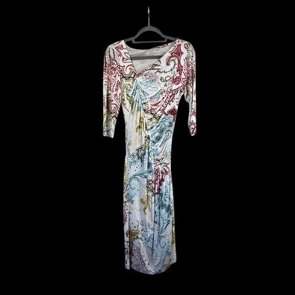 Etro Milano Viscose Jersey Paisley Asymmetrical Ruched Sheath Midi Dress Size 44 - Picture 2 of 13